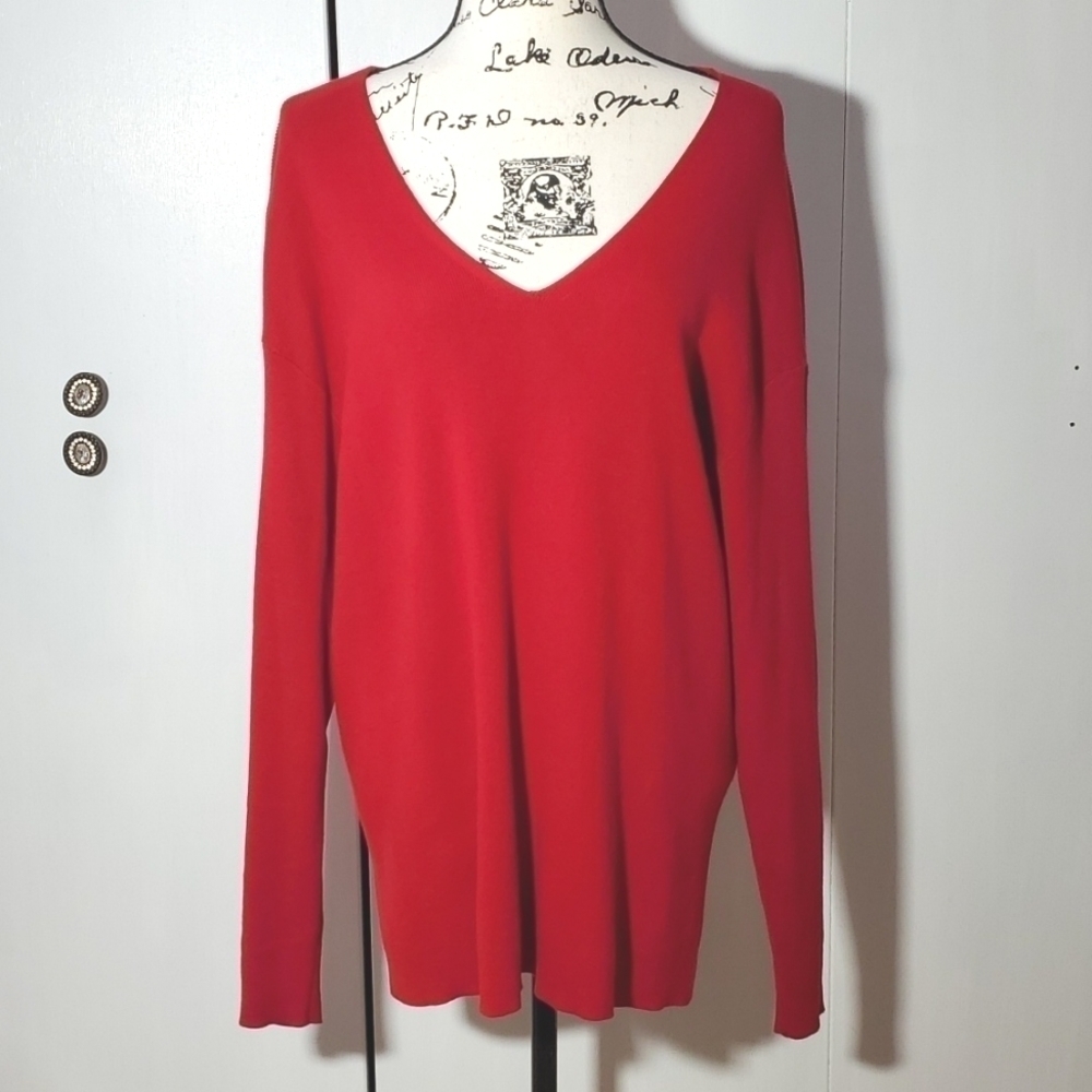 J.Jill- Womens Red Vneck Sweater Textured Knit Size XL
